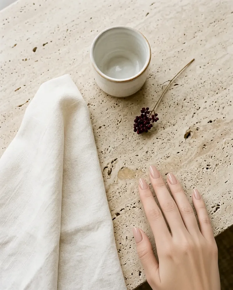 Маникюр с нюдовым гель-лаком на травертиновом столе студии
