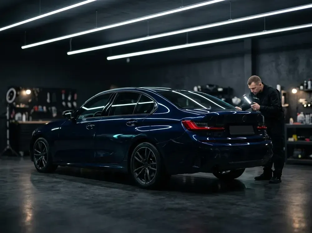 Тёмно-синий седан BMW 3 серии в студии, мастер проверяет крышку багажника ручной лампой