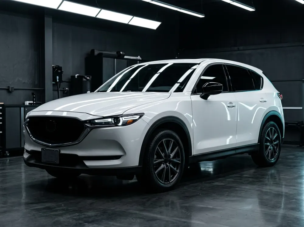 Белая Mazda CX-5 спереди в тёмной студии, по капоту идут полосы света