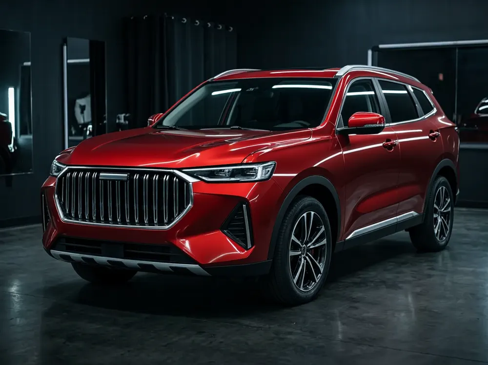 Красный кроссовер Haval F7 в тёмной студии, в лобовом стекле и на боку отражаются полосы света
